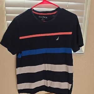 Nautica Black Tee with Red, Blue, and White Stripes